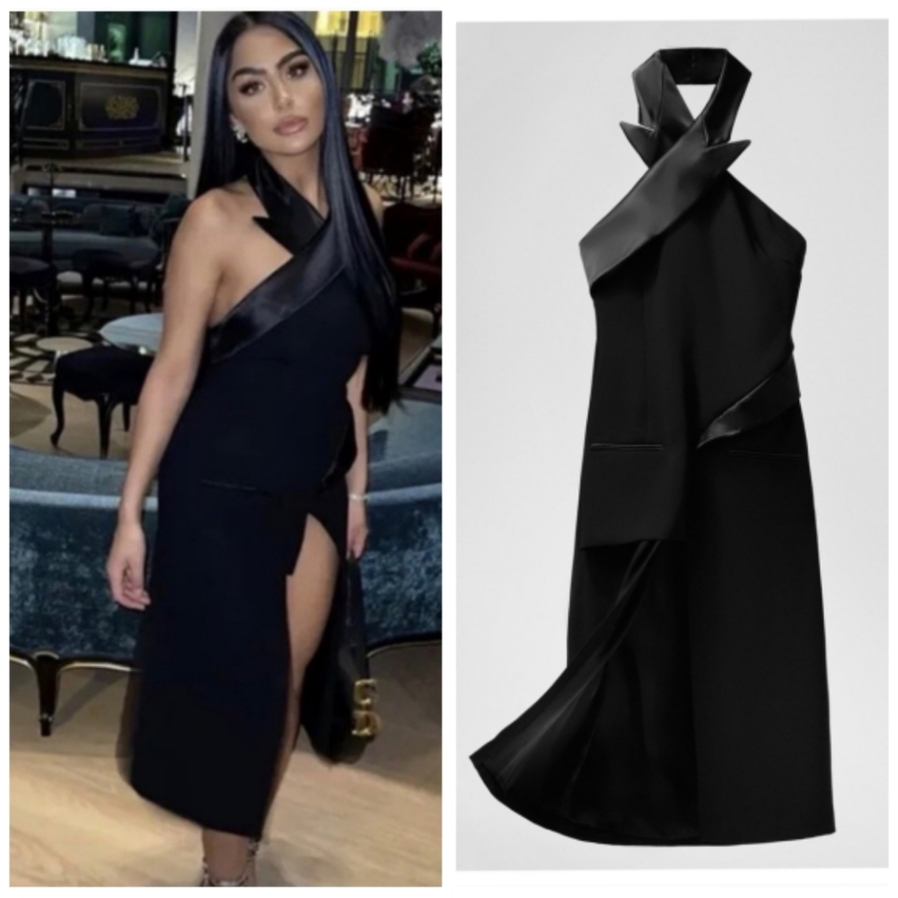 Zara Black Satin-Trim Halter Midi Dress